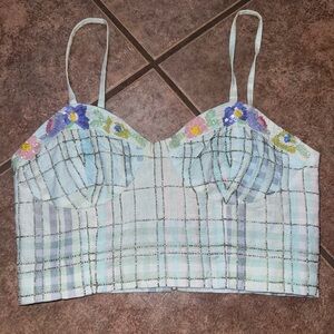 LA FUORI floral beaded spaghetti crop top size XS blue green sequin